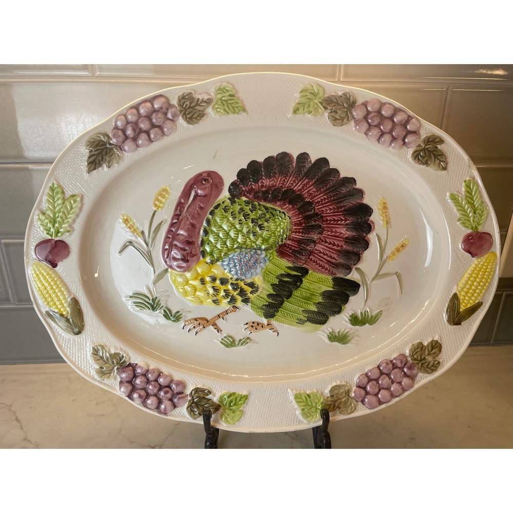VTG Weiss Turkey Platter Hand Painted Brazil Ceramic Thanksgiving Platter 20in